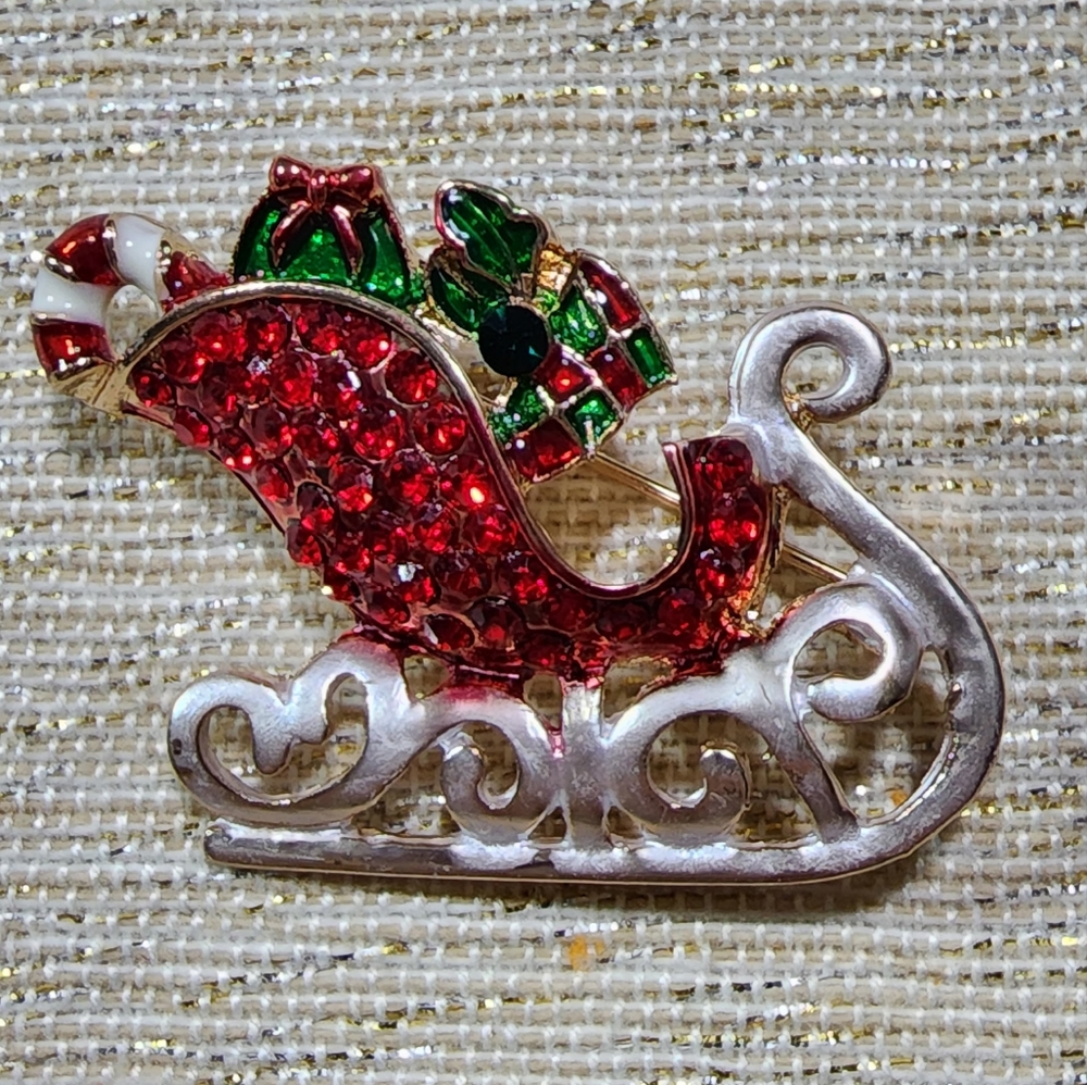 Red Sleigh Pin, Silver & Gold Metals, Rhinestones w/ Enamel, Great Gift,  NWOT